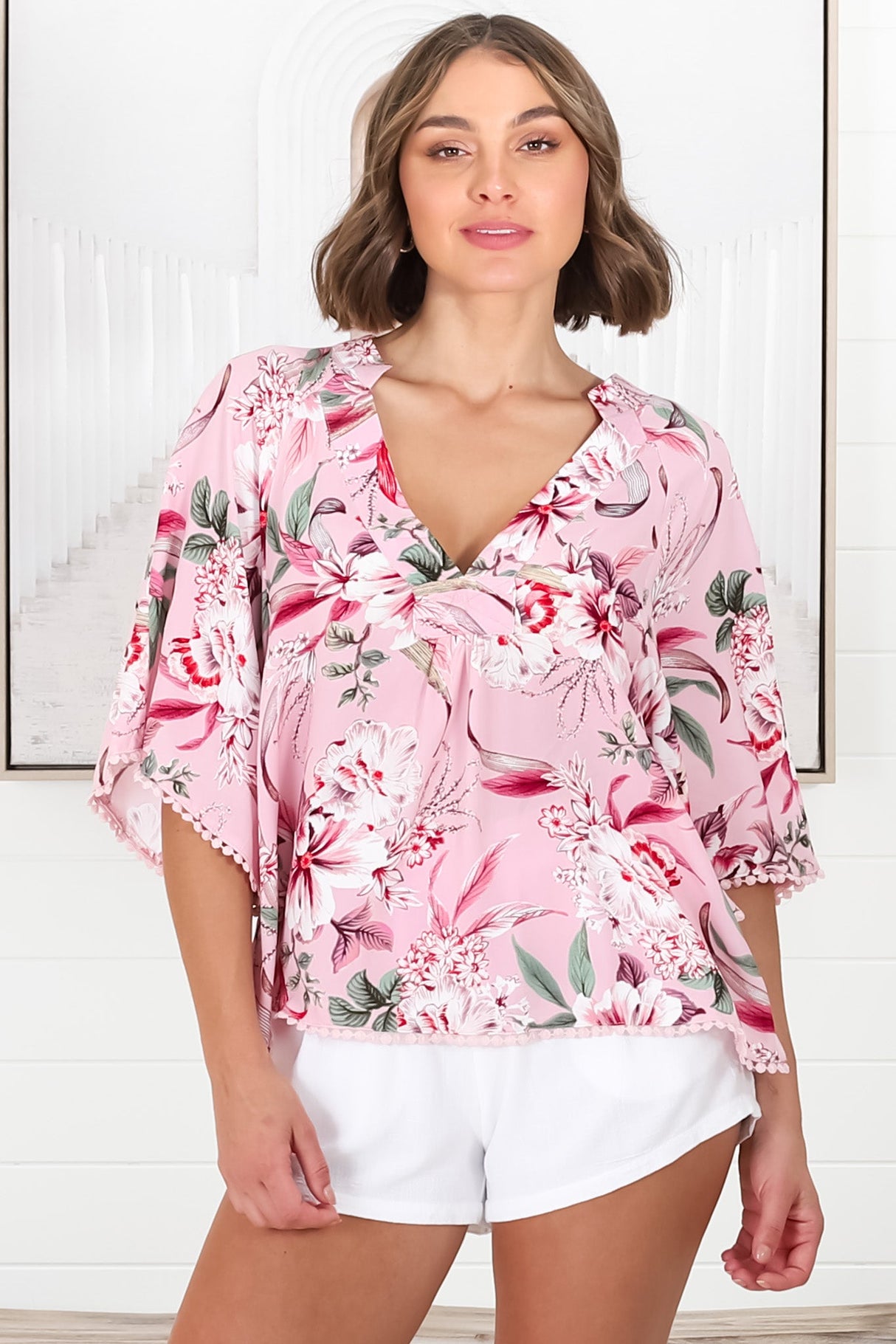 Gabriella Top - Mandarin Collar Deep V Neck Crochet Trim Top in Pink Lotus Print