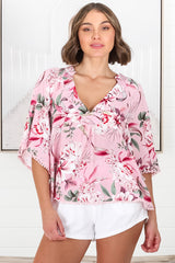 JAASE - Gabriella Top: Mandarin Collar Deep V Neck Crochet Trim Top in Pink Lotus Print