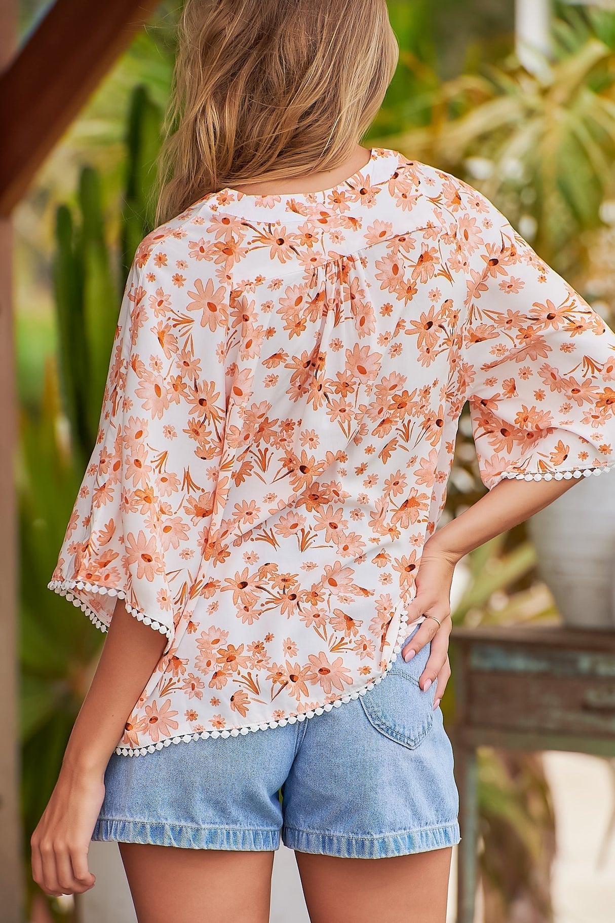 Gabriella Top - Mandarin Collar Deep V Neck Crochet Trim Top in Prairie Apricot Print