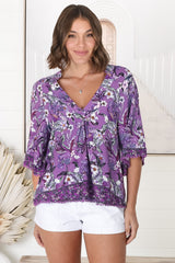 Gabriella Top - Mandarin Collar Deep V Neck Crochet Trim Top in Rhodium Print