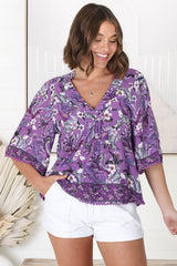 Gabriella Top - Mandarin Collar Deep V Neck Crochet Trim Top in Rhodium Print