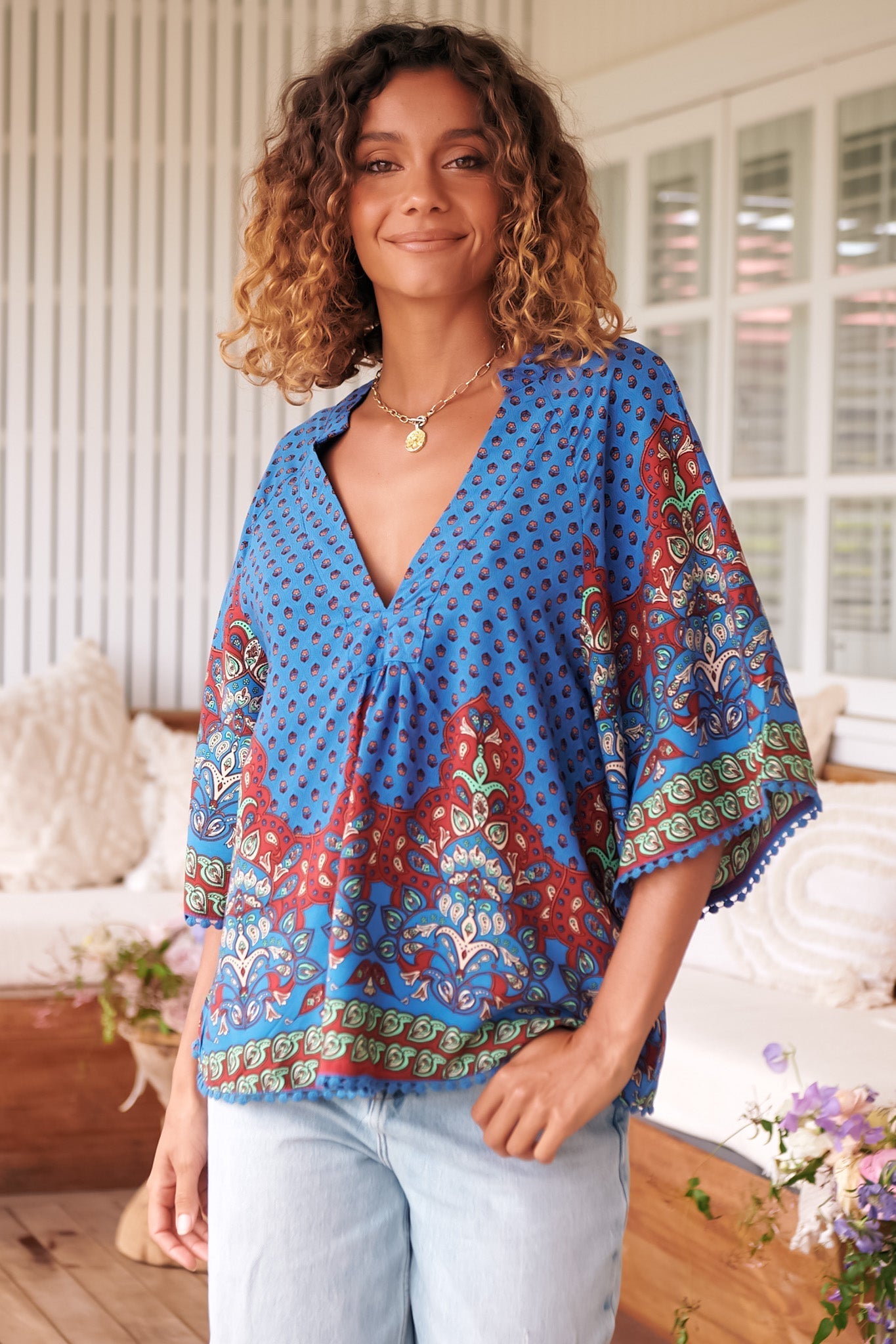 JAASE - Gabriella Top: Mandarin Collar Deep V Neck Crochet Trim Top in Sirena Print