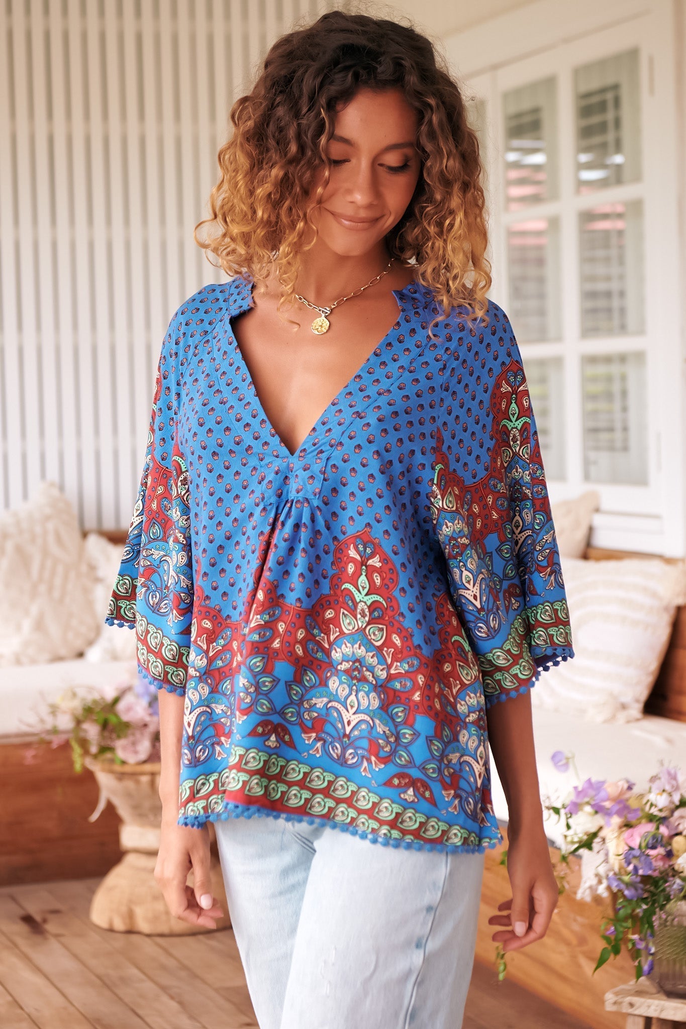 JAASE - Gabriella Top: Mandarin Collar Deep V Neck Crochet Trim Top in Sirena Print