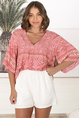JAASE - Gabriella Top: Mandarin Collar Deep V Neck Crochet Trim Top in Strawberries and Cream Print