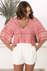 JAASE - Gabriella Top: Mandarin Collar Deep V Neck Crochet Trim Top in Strawberries and Cream Print