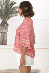 JAASE - Gabriella Top: Mandarin Collar Deep V Neck Crochet Trim Top in Strawberries and Cream Print