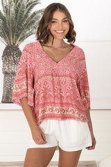JAASE - Gabriella Top: Mandarin Collar Deep V Neck Crochet Trim Top in Strawberries and Cream Print