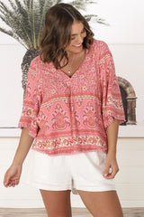 JAASE - Gabriella Top: Mandarin Collar Deep V Neck Crochet Trim Top in Strawberries and Cream Print