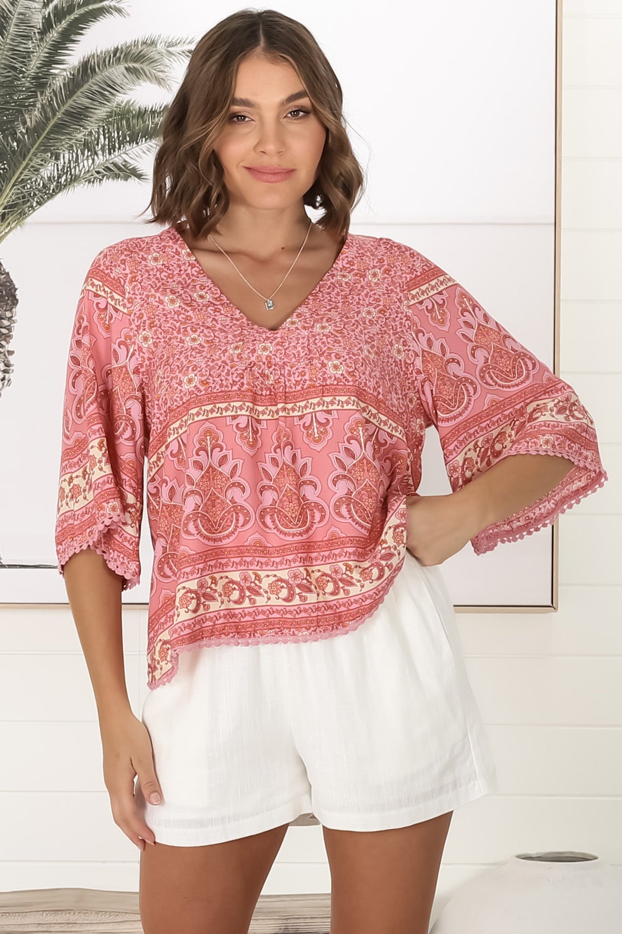 JAASE - Gabriella Top: Mandarin Collar Deep V Neck Crochet Trim Top in Strawberries and Cream Print