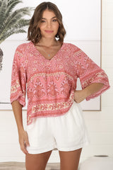 JAASE - Gabriella Top: Mandarin Collar Deep V Neck Crochet Trim Top in Strawberries and Cream Print