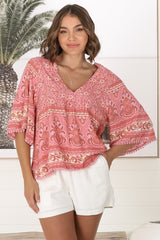 JAASE - Gabriella Top: Mandarin Collar Deep V Neck Crochet Trim Top in Strawberries and Cream Print