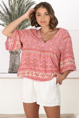 JAASE - Gabriella Top: Mandarin Collar Deep V Neck Crochet Trim Top in Strawberries and Cream Print