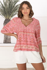 JAASE - Gabriella Top: Mandarin Collar Deep V Neck Crochet Trim Top in Strawberries and Cream Print