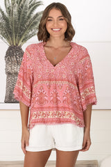 JAASE - Gabriella Top: Mandarin Collar Deep V Neck Crochet Trim Top in Strawberries and Cream Print