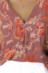 JAASE - Gabriella Top: Mandarin Collar Deep V Neck Crochet Trim Top in Ziggy Print