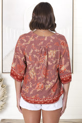 JAASE - Gabriella Top: Mandarin Collar Deep V Neck Crochet Trim Top in Ziggy Print