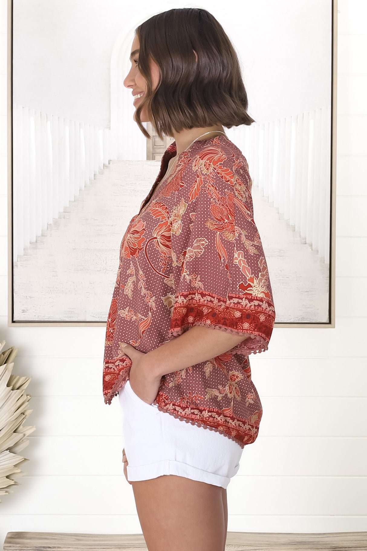 JAASE - Gabriella Top: Mandarin Collar Deep V Neck Crochet Trim Top in Ziggy Print