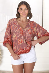 JAASE - Gabriella Top: Mandarin Collar Deep V Neck Crochet Trim Top in Ziggy Print