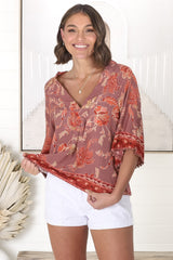 JAASE - Gabriella Top: Mandarin Collar Deep V Neck Crochet Trim Top in Ziggy Print