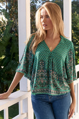 JAASE - Gabriella Top: Mandarin Collar Deep V Neck Crochet Trim Top in Akira Print