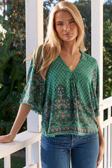 JAASE - Gabriella Top: Mandarin Collar Deep V Neck Crochet Trim Top in Akira Print