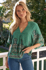 JAASE - Gabriella Top: Mandarin Collar Deep V Neck Crochet Trim Top in Akira Print