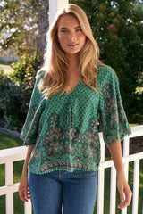 JAASE - Gabriella Top: Mandarin Collar Deep V Neck Crochet Trim Top in Akira Print