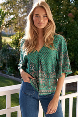 JAASE - Gabriella Top: Mandarin Collar Deep V Neck Crochet Trim Top in Akira Print