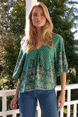 JAASE - Gabriella Top: Mandarin Collar Deep V Neck Crochet Trim Top in Akira Print