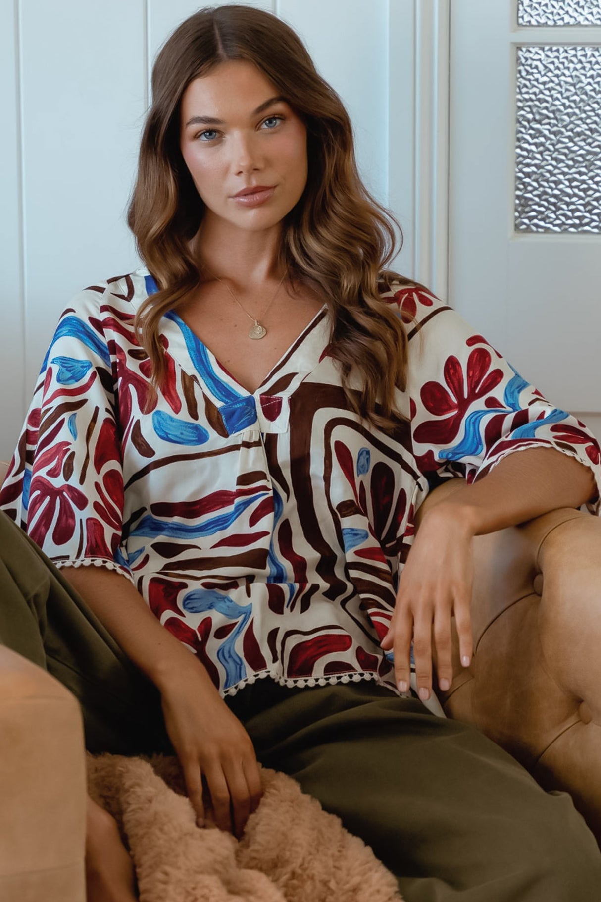 JAASE - Gabriella Top: Mandarin Collar Deep V Neck Crochet Trim Top in Artisan Print