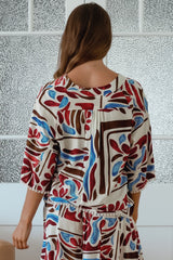 JAASE - Gabriella Top: Mandarin Collar Deep V Neck Crochet Trim Top in Artisan Print