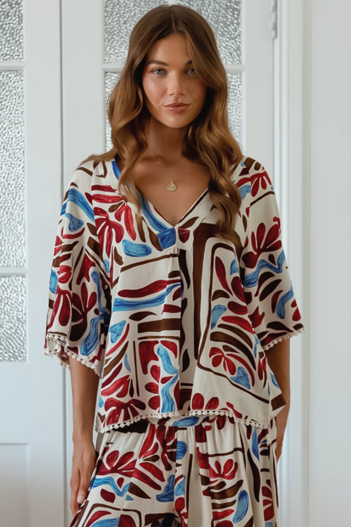 JAASE - Gabriella Top: Mandarin Collar Deep V Neck Crochet Trim Top in Artisan Print