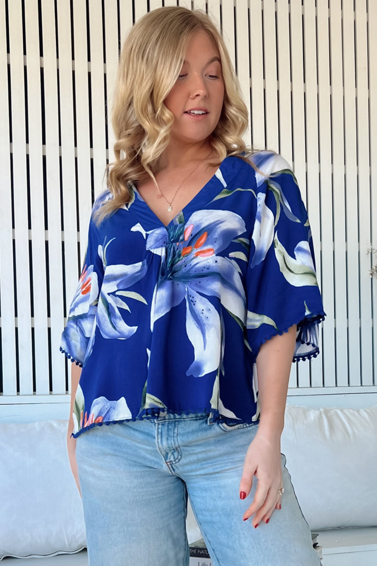 JAASE - Gabriella Top: Mandarin Collar Deep V Neck Crochet Trim Top in Asteria Print
