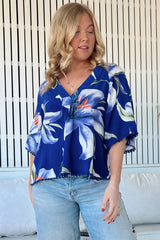 JAASE - Gabriella Top: Mandarin Collar Deep V Neck Crochet Trim Top in Asteria Print