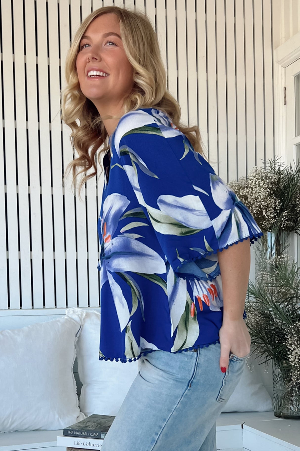 JAASE - Gabriella Top: Mandarin Collar Deep V Neck Crochet Trim Top in Asteria Print