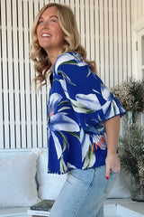 JAASE - Gabriella Top: Mandarin Collar Deep V Neck Crochet Trim Top in Asteria Print