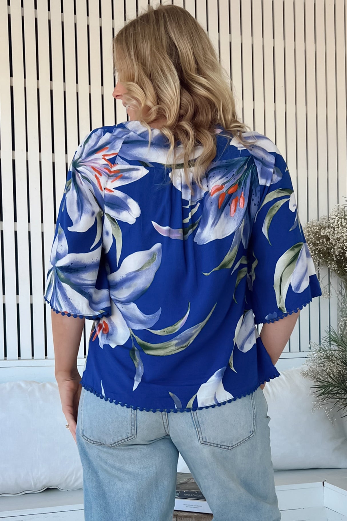 JAASE - Gabriella Top: Mandarin Collar Deep V Neck Crochet Trim Top in Asteria Print