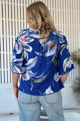 JAASE - Gabriella Top: Mandarin Collar Deep V Neck Crochet Trim Top in Asteria Print