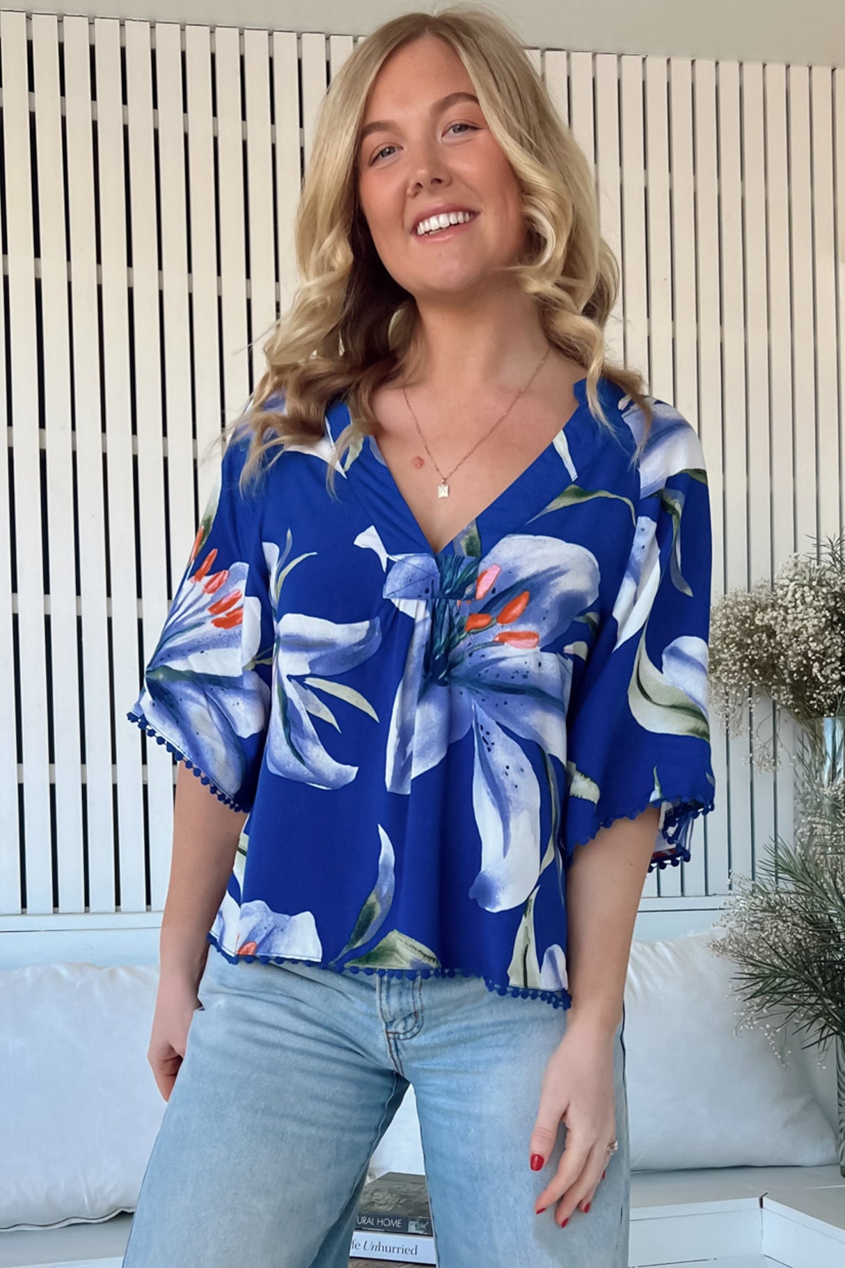 JAASE - Gabriella Top: Mandarin Collar Deep V Neck Crochet Trim Top in Asteria Print