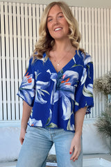 JAASE - Gabriella Top: Mandarin Collar Deep V Neck Crochet Trim Top in Asteria Print