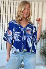 JAASE - Gabriella Top: Mandarin Collar Deep V Neck Crochet Trim Top in Asteria Print