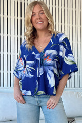 JAASE - Gabriella Top: Mandarin Collar Deep V Neck Crochet Trim Top in Asteria Print