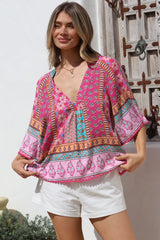 JAASE - Gabriella Top: Mandarin Collar Deep V Neck Crochet Trim Top in Cedella Print