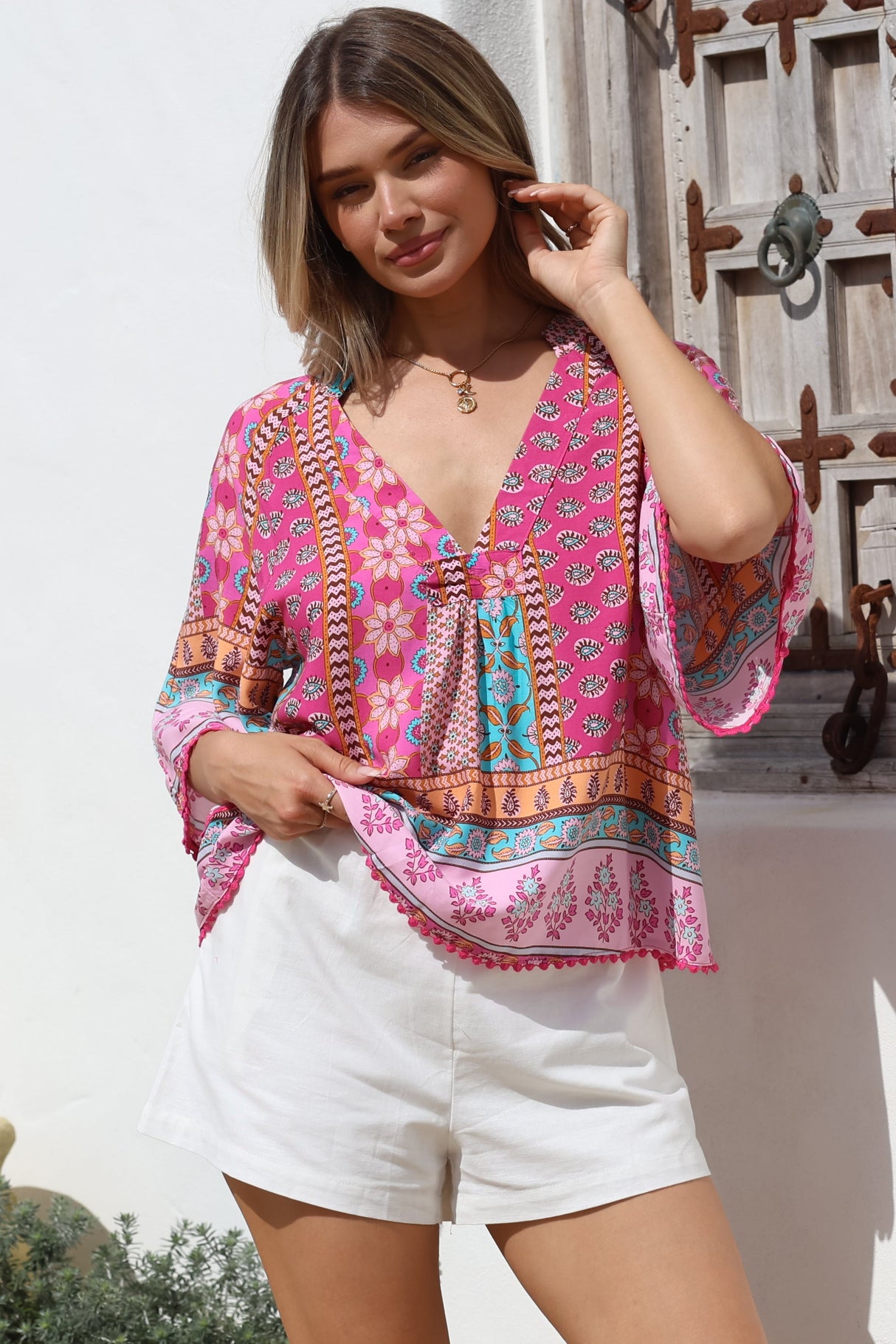 JAASE - Gabriella Top: Mandarin Collar Deep V Neck Crochet Trim Top in Cedella Print