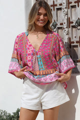 JAASE - Gabriella Top: Mandarin Collar Deep V Neck Crochet Trim Top in Cedella Print