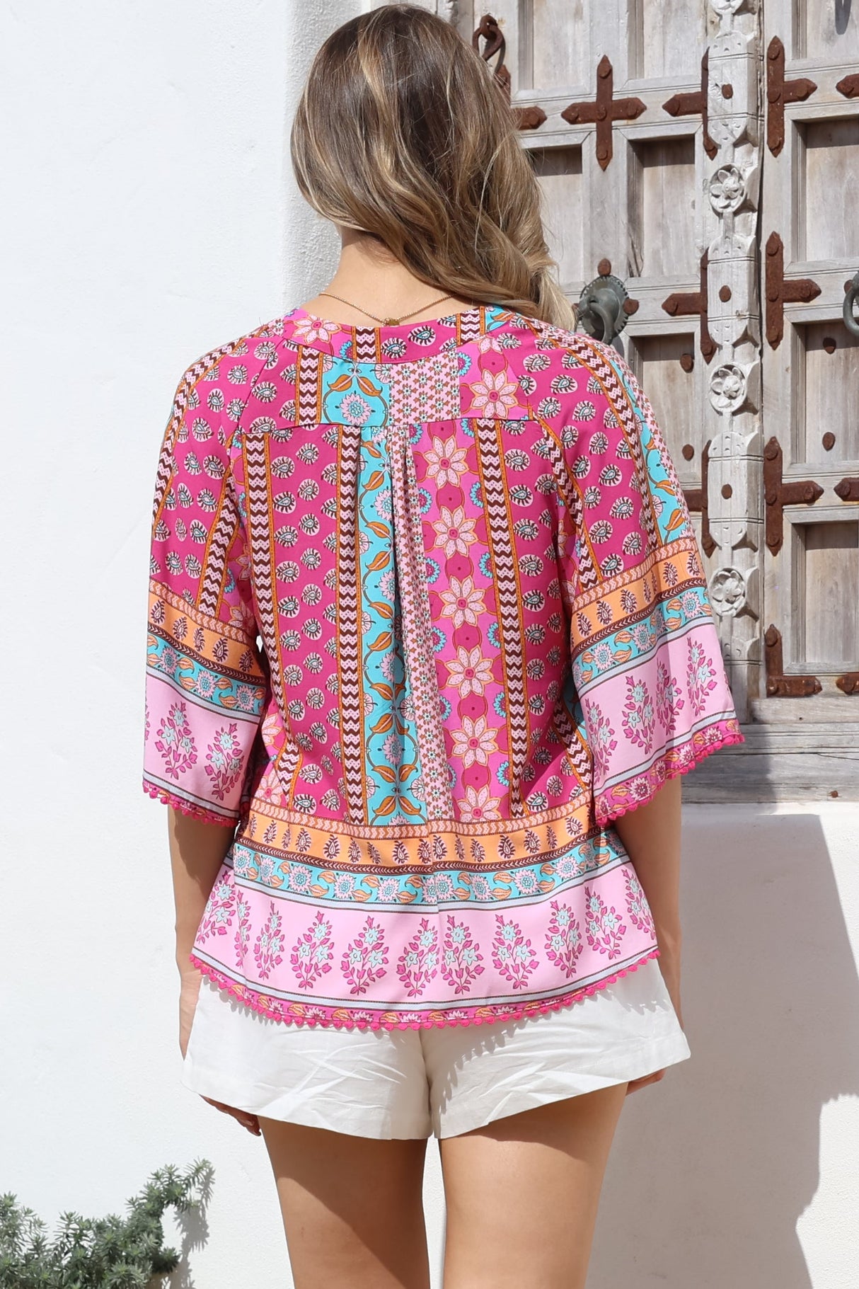 JAASE - Gabriella Top: Mandarin Collar Deep V Neck Crochet Trim Top in Cedella Print