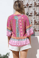 JAASE - Gabriella Top: Mandarin Collar Deep V Neck Crochet Trim Top in Cedella Print