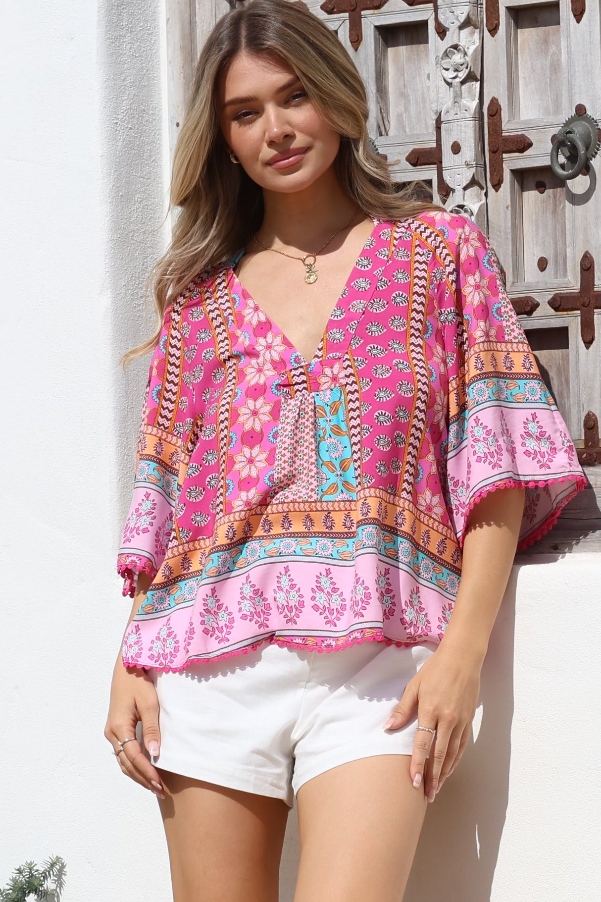 JAASE - Gabriella Top: Mandarin Collar Deep V Neck Crochet Trim Top in Cedella Print