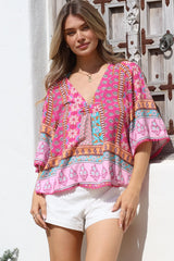 JAASE - Gabriella Top: Mandarin Collar Deep V Neck Crochet Trim Top in Cedella Print