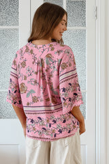 JAASE - Gabriella Top: Mandarin Collar Deep V Neck Crochet Trim Top in Elara Print